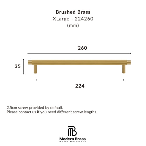 A dimension diagram of a brushed brass XLarge cabinet bar pull by Modern Brass Home Hardware, showing measurements of 260 mm length, 224 mm span, and 30 mm height on a white background.