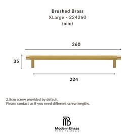 A dimension diagram of a brushed brass XLarge cabinet bar pull by Modern Brass Home Hardware, showing measurements of 260 mm length, 224 mm span, and 30 mm height on a white background.