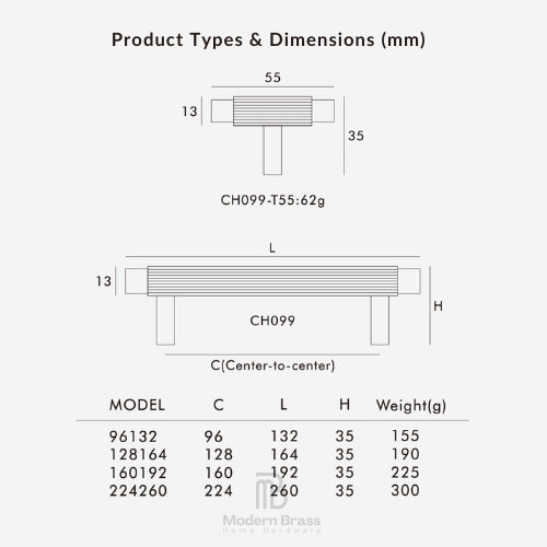 A product dimensions chart for a modern brass table, showing top and side profile measurements in millimeters along with a table of model, center-to-center width, length, height, and weight information.