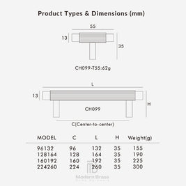 A product dimensions chart for a modern brass table, showing top and side profile measurements in millimeters along with a table of model, center-to-center width, length, height, and weight information.