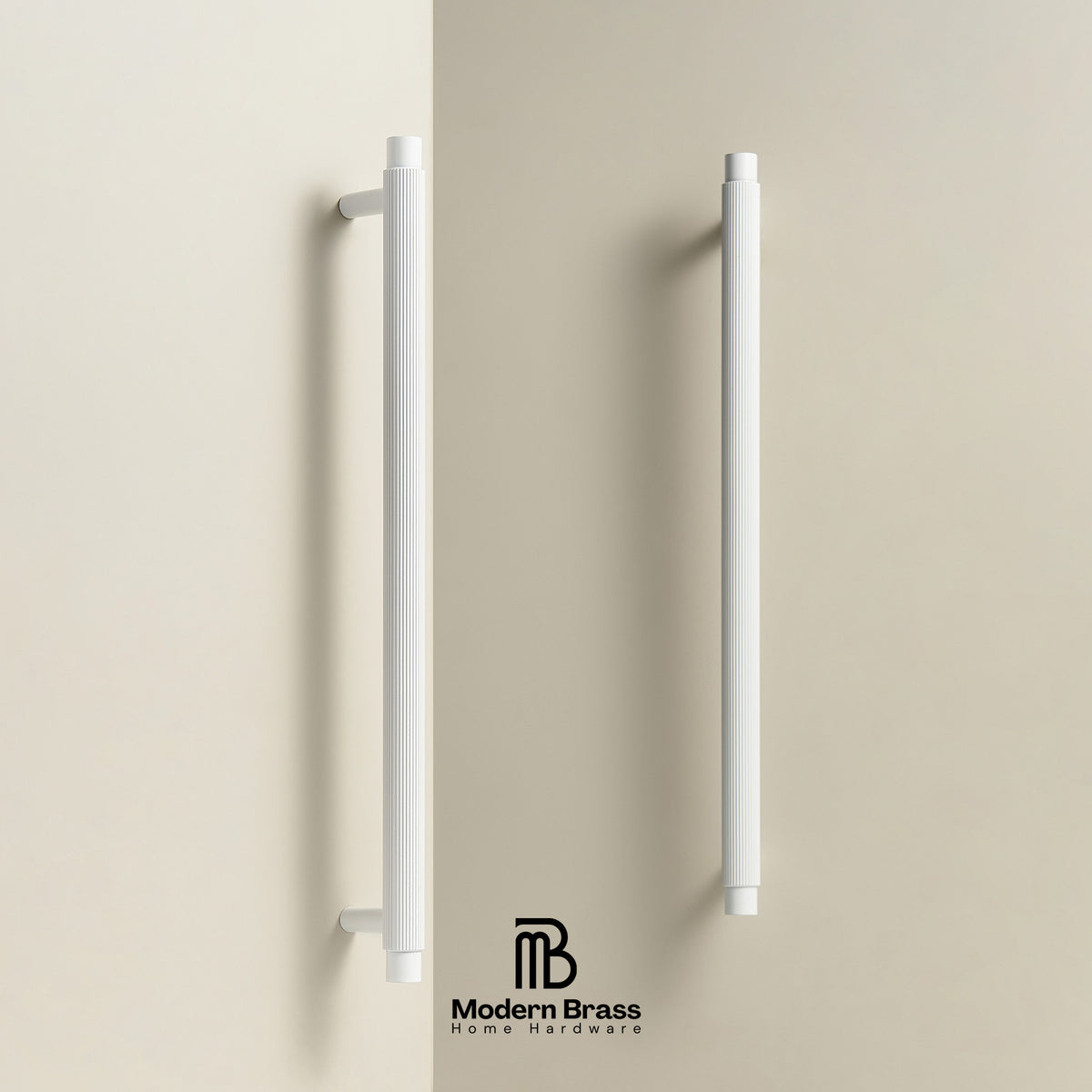 Four-piece brass cabinet hardware set including two long vertical bar handles, two shorter vertical bar handles, and three round knobs, displayed on a white surface against a beige background. The Modern Brass logo is visible at the bottom.
