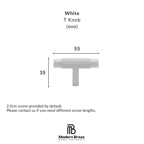 White T-shaped wall knob dimension diagram showing a 55mm width and 35mm height, with text noting a 2.5cm screw is included by default and the Modern Brass Home Hardware logo at the bottom.