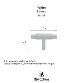 White T-shaped wall knob dimension diagram showing a 55mm width and 35mm height, with text noting a 2.5cm screw is included by default and the Modern Brass Home Hardware logo at the bottom.