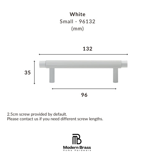 Technical dimension diagram of a small white bar pull handle by Modern Brass Home Hardware, showing measurements of 132 mm width, 35 mm height, and 96 mm base width with screw length note.