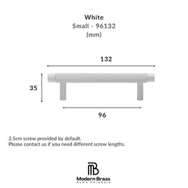 Technical dimension diagram of a small white bar pull handle by Modern Brass Home Hardware, showing measurements of 132 mm width, 35 mm height, and 96 mm base width with screw length note.