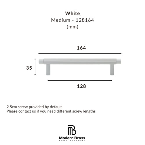 Dimension diagram of a white medium-length bar with leg supports, showing measurements of 164, 128, and 35 mm, with the Modern Brass Home Hardware logo at the bottom.