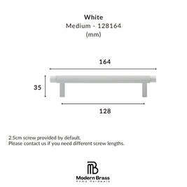 Dimension diagram of a white medium-length bar with leg supports, showing measurements of 164, 128, and 35 mm, with the Modern Brass Home Hardware logo at the bottom.