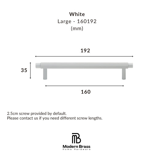 Dimension diagram of a large white cabinet pull handle by Modern Brass Home Hardware, showing measurements of 192 mm length, 160 mm width, and 35 mm height, with text indicating a 2.5cm screw is included.
