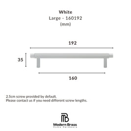 Dimension diagram of a large white cabinet pull handle by Modern Brass Home Hardware, showing measurements of 192 mm length, 160 mm width, and 35 mm height, with text indicating a 2.5cm screw is included.
