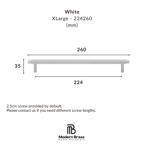 White XLarge metal drawer pull bar with dimension markings showing a width of 260 mm, height of 35 mm, and base width of 224 mm, with Modern Brass Home Hardware branding at the bottom.