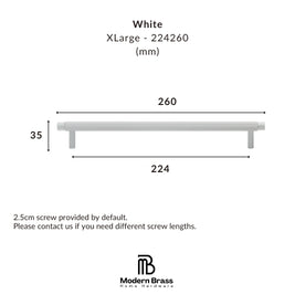 White XLarge metal drawer pull bar with dimension markings showing a width of 260 mm, height of 35 mm, and base width of 224 mm, with Modern Brass Home Hardware branding at the bottom.