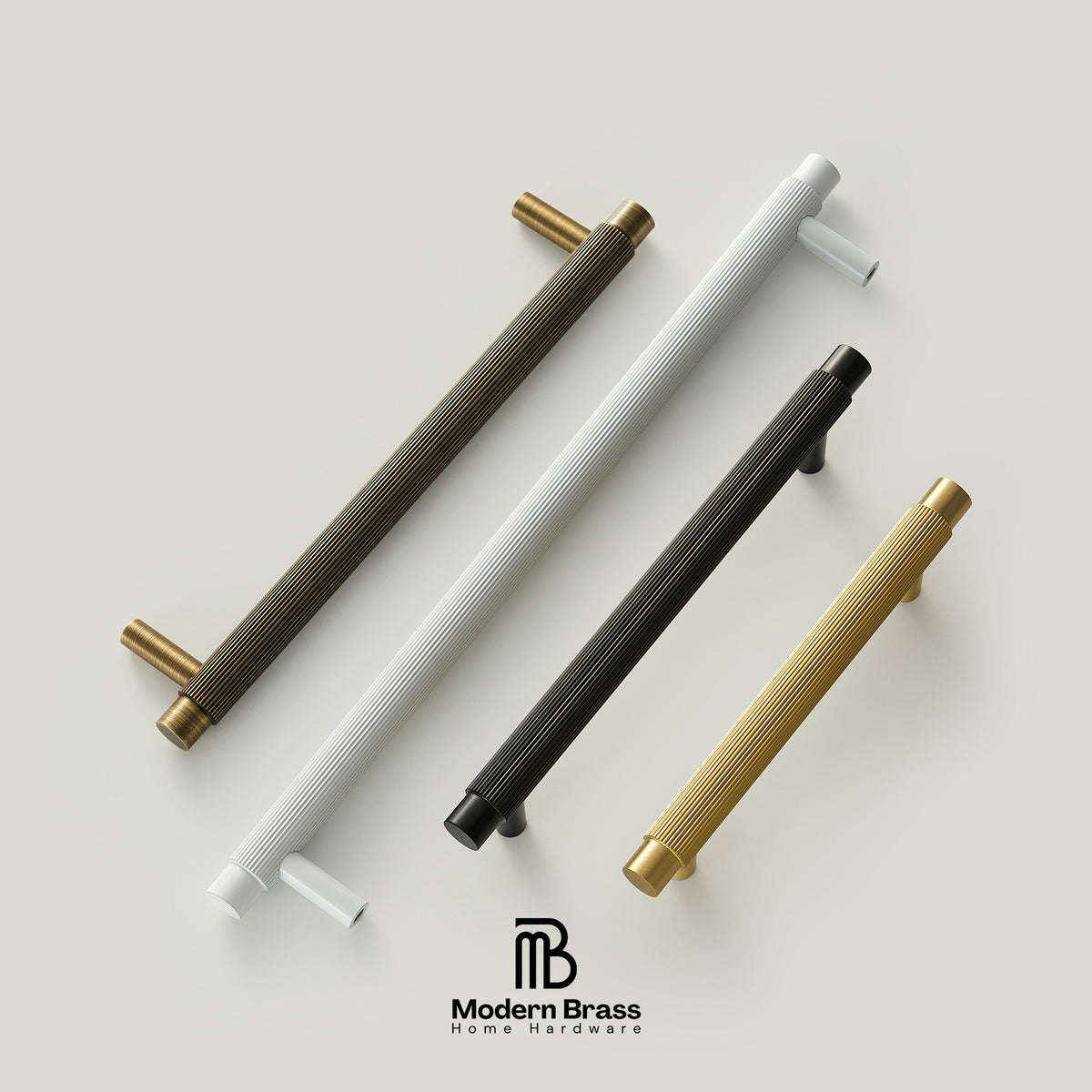 Four modern cylindrical cabinet handles in dark bronze, white, black, and gold finishes, arranged diagonally on a light beige background with the Modern Brass logo at the bottom.