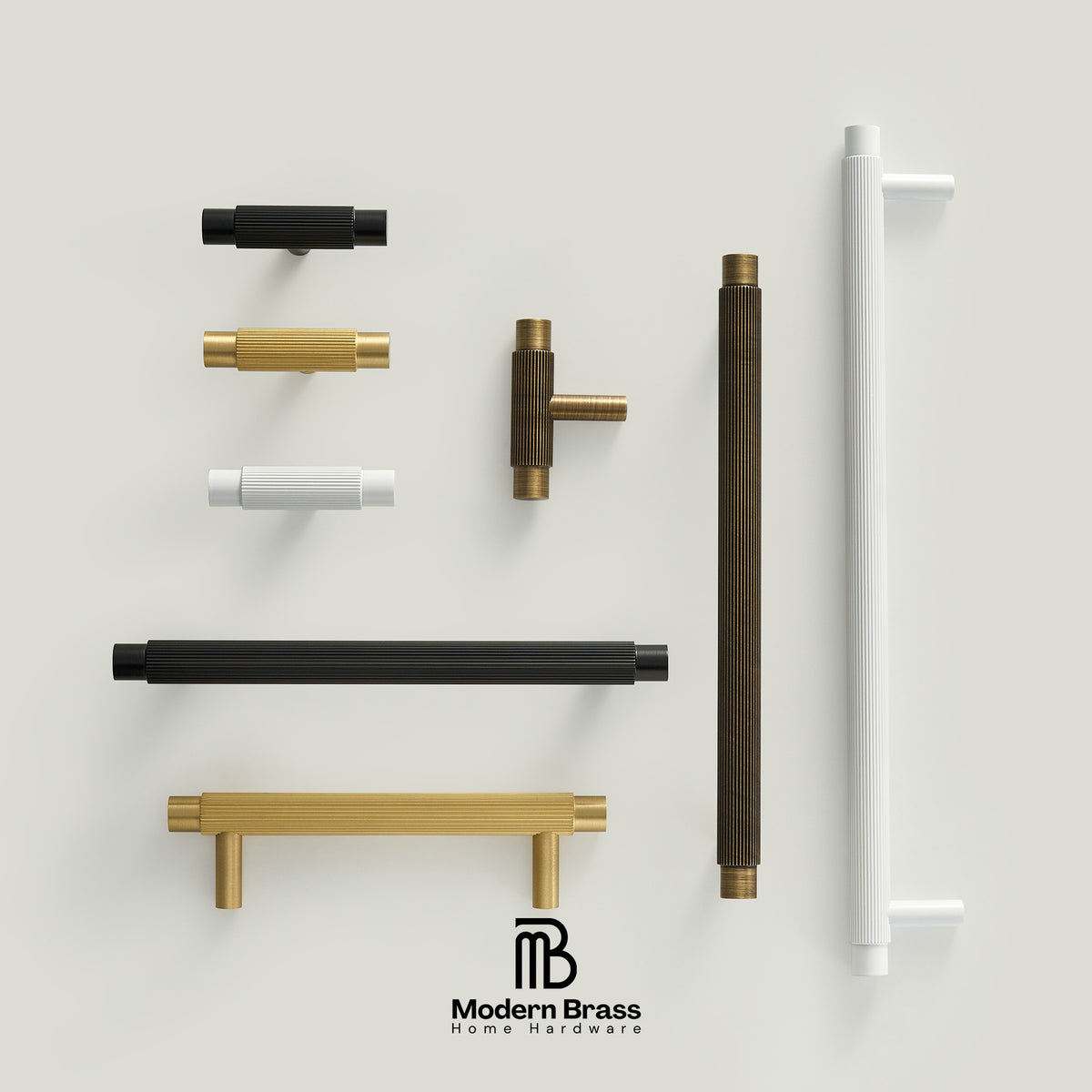 A collection of modern cabinet handles in matte black, brushed brass, satin white, and dark bronze finishes, arranged on a light gray background with the Modern Brass logo at the bottom.