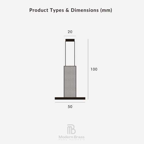 A dimension diagram labeled 'Product Types & Dimensions (mm)' showing a simple product profile with measurements 20, 100, and 50, plus the Modern Brass logo at the bottom on a light gray background.
