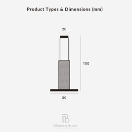 A dimension diagram labeled 'Product Types & Dimensions (mm)' showing a simple product profile with measurements 20, 100, and 50, plus the Modern Brass logo at the bottom on a light gray background.