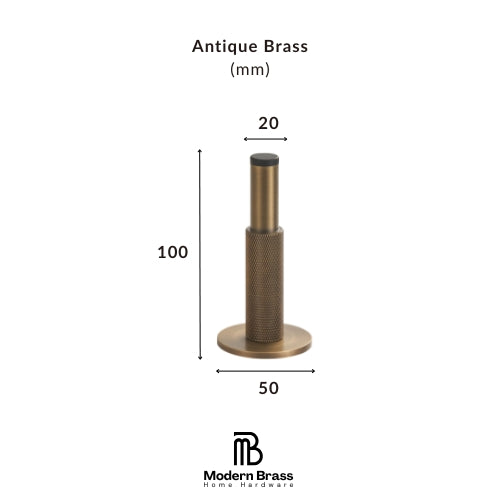 A brass cabinet knob shown with dimension lines and labels indicating 35 mm width, 30 mm height, and 32 mm base diameter, with the text 'Antique Brass (mm)' at the top and the Modern Brass Home Hardware logo at the bottom.