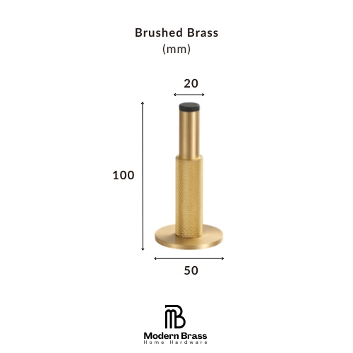 A brushed brass cylindrical hardware component with dimension labels showing 35 mm width, 30 mm height, and 32 mm base diameter, on a white background with Modern Brass branding.