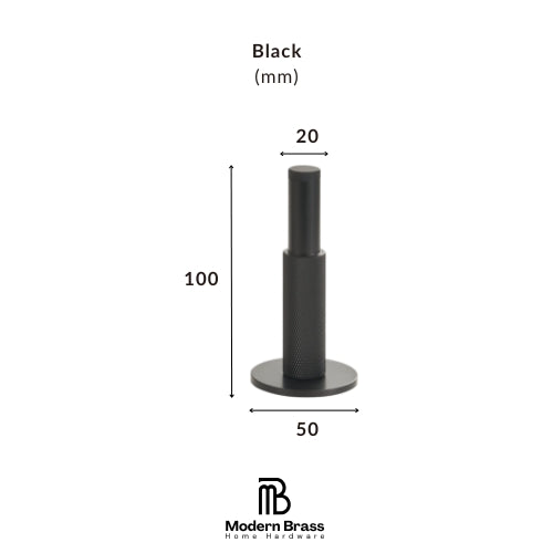 A black cylindrical knob or dial shown on a white background with dimension labels indicating 35 mm width, 30 mm height, and 32 mm base diameter. Text above reads 'Black (mm)' and the Modern Brass Home Hardware logo appears below.