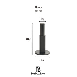 A black cylindrical knob or dial shown on a white background with dimension labels indicating 35 mm width, 30 mm height, and 32 mm base diameter. Text above reads 'Black (mm)' and the Modern Brass Home Hardware logo appears below.