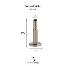A brushed nickel cylindrical hardware component with dimension labels showing 35 across the top, 30 tall on the left, and 32 across the bottom, on a white background with Modern Brass Home Hardware branding.