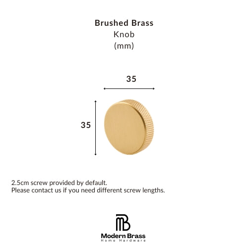 A brass knob shown on a white background with dimension labels indicating a 30 mm width and 30 mm height, plus text stating it is a brushed brass knob and a Modern Brass Home Hardware logo at the bottom.