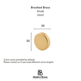 A brass knob shown on a white background with dimension labels indicating a 30 mm width and 30 mm height, plus text stating it is a brushed brass knob and a Modern Brass Home Hardware logo at the bottom.