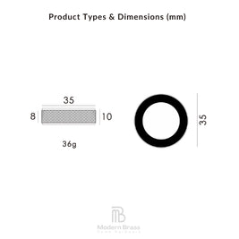 Product types and dimensions diagram showing a rectangular bar with width 35, height 10, and thickness 8, plus a circular ring with diameter 35, labeled in millimeters. Modern Brass logo at the bottom.