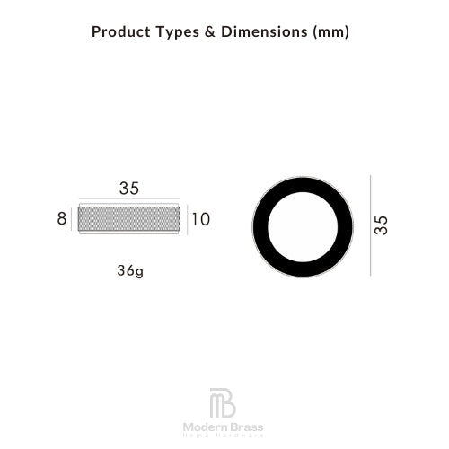 Product types and dimensions diagram showing a rectangular bar with width 35, height 10, and thickness 8, plus a circular ring with diameter 35, labeled in millimeters. Modern Brass logo at the bottom.