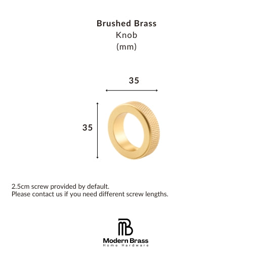 A brass knob shown on a white background with dimension labels indicating a 30 mm width and 30 mm height, plus text stating it is a brushed brass knob and a Modern Brass Home Hardware logo at the bottom.