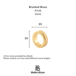A brass knob shown on a white background with dimension labels indicating a 30 mm width and 30 mm height, plus text stating it is a brushed brass knob and a Modern Brass Home Hardware logo at the bottom.