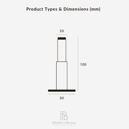 A simple line drawing on a light gray background labeled 'Product Types & Dimensions (mm)', showing a product profile with width measurements 50, 20, and height 100. The Modern Brass Home Hardware logo appears at the bottom.