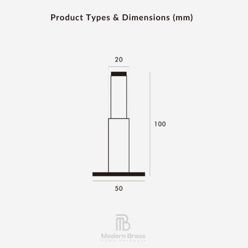 A simple line drawing on a light gray background labeled 'Product Types & Dimensions (mm)', showing a product profile with width measurements 50, 20, and height 100. The Modern Brass Home Hardware logo appears at the bottom.