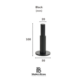 A black cylindrical knob or dial shown on a white background with dimension labels indicating 30 mm height, 35 mm top diameter, and 32 mm base diameter. Text above reads 'Black (mm)' and the Modern Brass Home Hardware logo appears at the bottom.