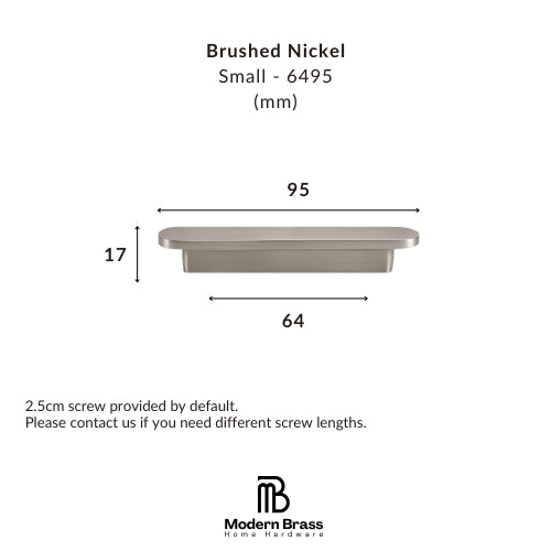 Measurement chart for a small brushed nickel hardware component with dimensions and Modern Brass logo.