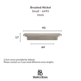 Measurement chart for a small brushed nickel hardware component with dimensions and Modern Brass logo.