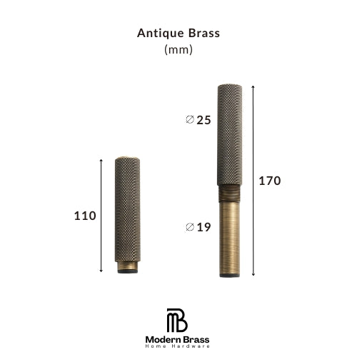 A brass cabinet knob shown with dimension lines and labels indicating 35 mm width, 30 mm height, and 32 mm base diameter, with the text 'Antique Brass (mm)' at the top and the Modern Brass Home Hardware logo at the bottom.