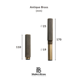 A brass cabinet knob shown with dimension lines and labels indicating 35 mm width, 30 mm height, and 32 mm base diameter, with the text 'Antique Brass (mm)' at the top and the Modern Brass Home Hardware logo at the bottom.