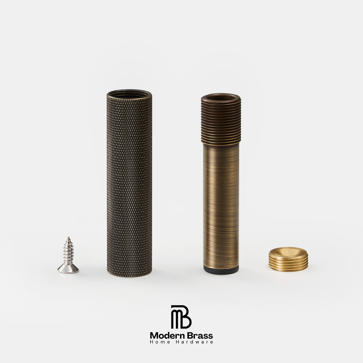 Two brass cylindrical hardware components with textured and threaded surfaces, shown disassembled with a small silver screw and gold cap on a light gray background. The Modern Brass logo is visible at the bottom.