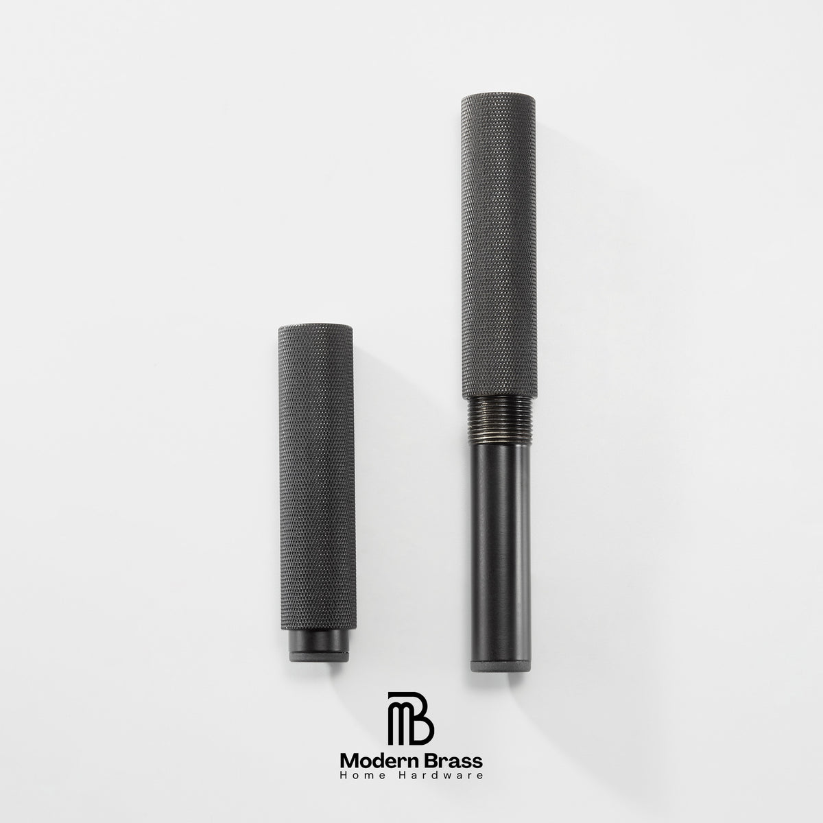 A close-up studio shot of a brass home fixture component, likely a faucet or shower valve trim, shown disassembled into two cylindrical parts with textured and smooth finishes, on a clean white background with the Modern Brass logo at the bottom.