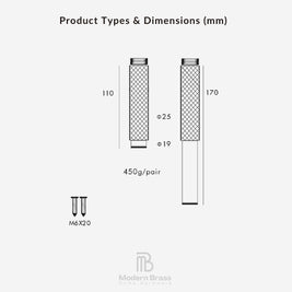 Technical dimension diagram for a brass wall hook, showing two cylindrical views with measurements 110, 170, thread sizes Ø25 and Ø19, plus a small screw icon labeled M6X20 on a light gray background. Modern Brass Home Hardware logo appears at the bottom.