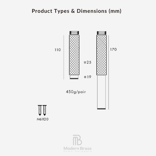 Technical dimension diagram for a brass wall hook, showing two cylindrical views with measurements 110, 170, thread sizes Ø25 and Ø19, plus a small screw icon labeled M6X20 on a light gray background. Modern Brass Home Hardware logo appears at the bottom.