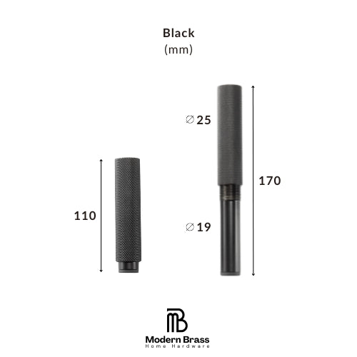A black cylindrical knob or dial shown on a white background with dimension labels indicating 30 mm height, 35 mm top diameter, and 32 mm base diameter. Text above reads 'Black (mm)' and the Modern Brass Home Hardware logo appears at the bottom.