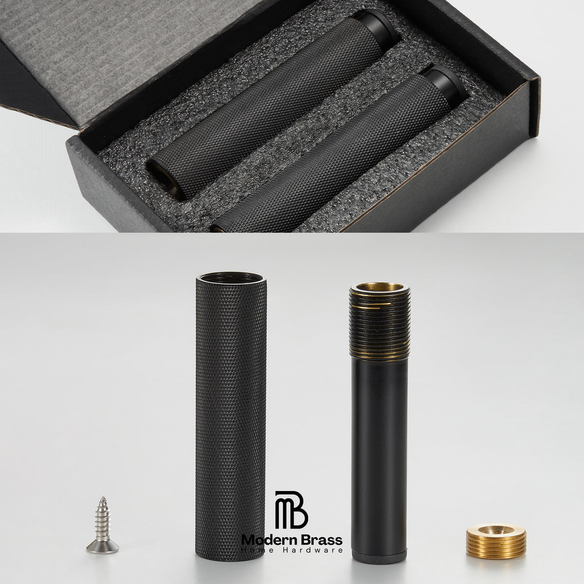 A disassembled black textured metal cylinder product shown in a two-panel layout, with the open presentation box at the top and the separated components at the bottom. The components include a black body, a threaded brass section, a small silver screw, and a brass ring.