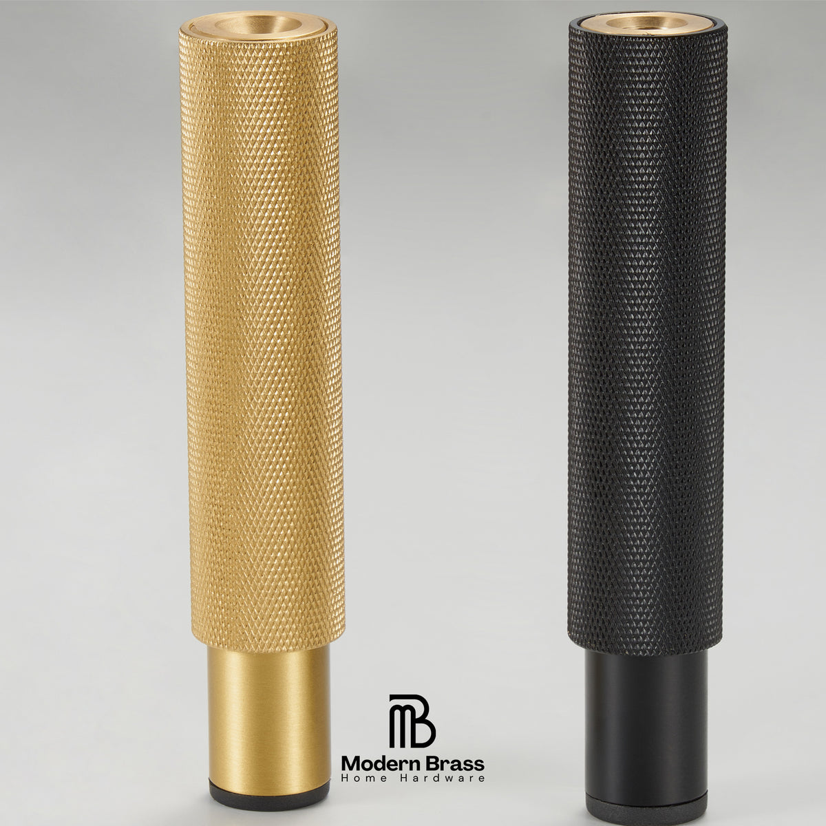 Two cylindrical brass and black home theater speaker drivers shown side-by-side on a light gray background, with the Modern Brass logo at the bottom.