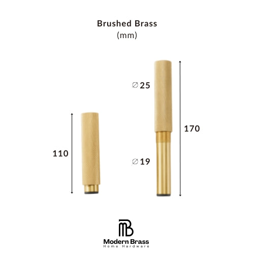 A brushed brass cylindrical hardware component with dimension labels showing 35 mm width, 30 mm height, and 32 mm base diameter, on a white background with Modern Brass branding.