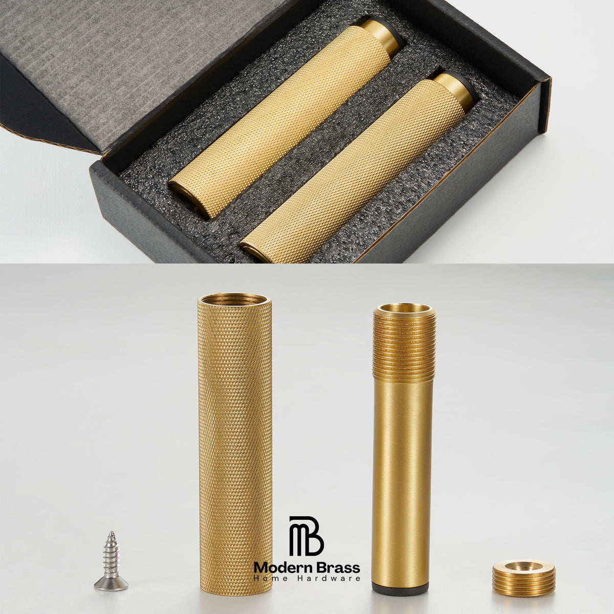 Two brass cylindrical components displayed in a black presentation box, with the same components shown outside the box on a light gray background. A small silver screw and a threaded cap piece are placed beside them.