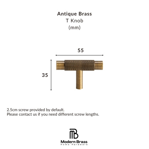 A product information graphic for an Antique Brass T Knob from Modern Brass Home Hardware, showing a brass knob with dimension labels of 80mm width and 33mm height, plus text noting a 2.5cm screw is included by default.