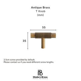 A product information graphic for an Antique Brass T Knob from Modern Brass Home Hardware, showing a brass knob with dimension labels of 80mm width and 33mm height, plus text noting a 2.5cm screw is included by default.