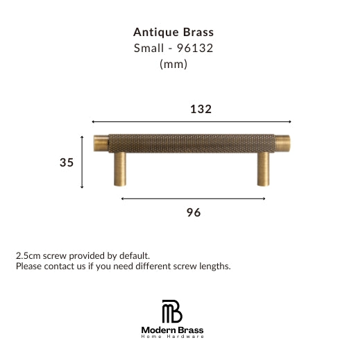 A dimension diagram of a small antique brass cabinet pull handle, showing measurements of 132 mm width, 33 mm height, and 96 mm span, with text reading 'Antique Brass Small - 96132 (mm)' and the Modern Brass Home Hardware logo at the bottom.