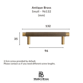 A dimension diagram of a small antique brass cabinet pull handle, showing measurements of 132 mm width, 33 mm height, and 96 mm span, with text reading 'Antique Brass Small - 96132 (mm)' and the Modern Brass Home Hardware logo at the bottom.